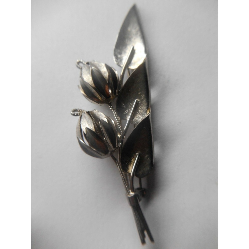 Vintage Silver Tone Brooch Pin Modernist Flower Buds